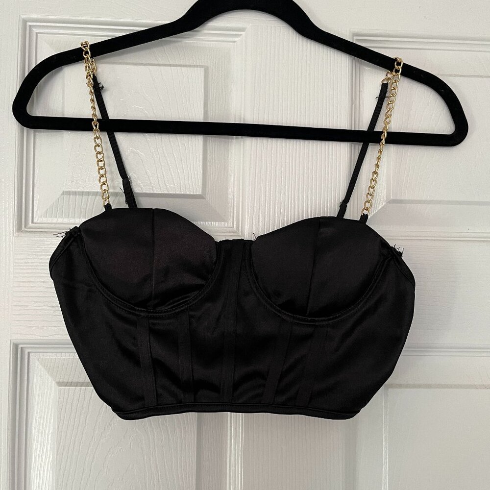 Bustier Corset Women’s Black Crop Top Gold Chain Adjustable Straps Edgy Y2K Glam